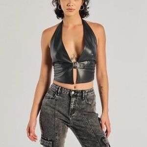 Black Halter Leather Top